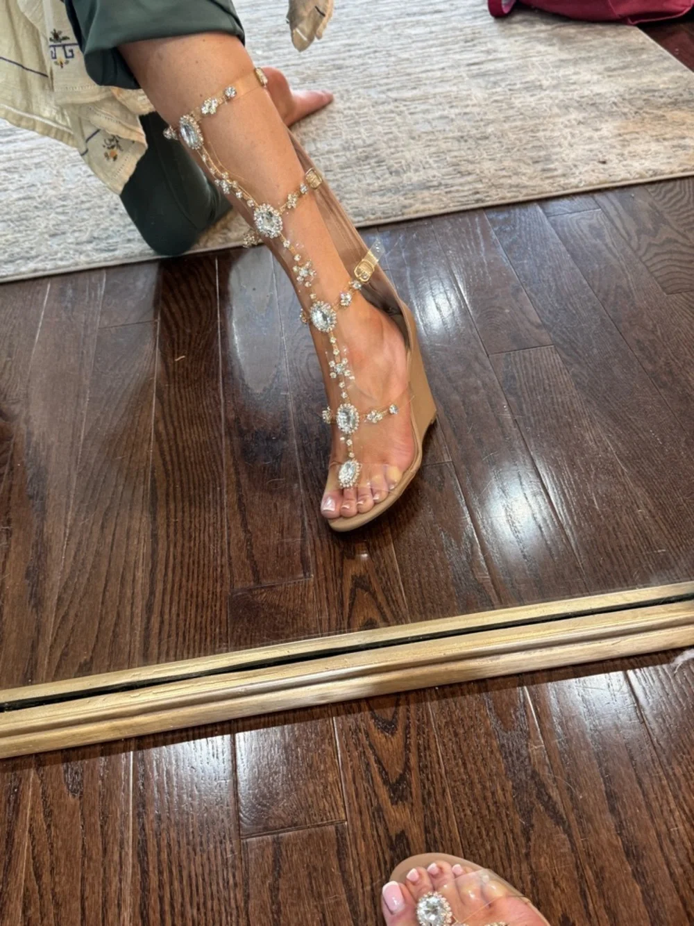 🤎💎 Crystal‎ Embellished Clear Gladiator Wedge Sandals - Nude
